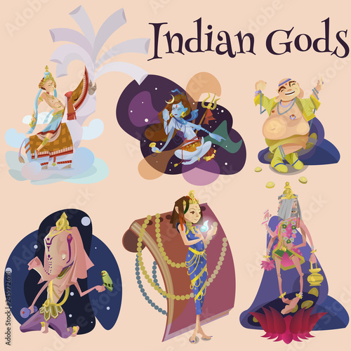 Set of isolated Indian Gods meditation in yoga poses lotus and Goddess hinduism religion, traditional asian culture spiritual mythology, deity worship festival vector illustrations, T-shirt concepts