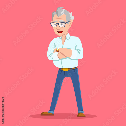 Portrait of grinning trendy elegant hipster grandpa. Wealthy flirt trendsetter hipster grandpa dressed in shirt and jeans. Happy old man on white background.