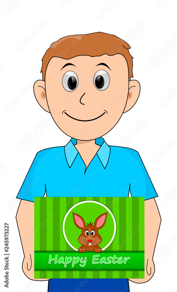 young man holding a Happy Easter card - illustration