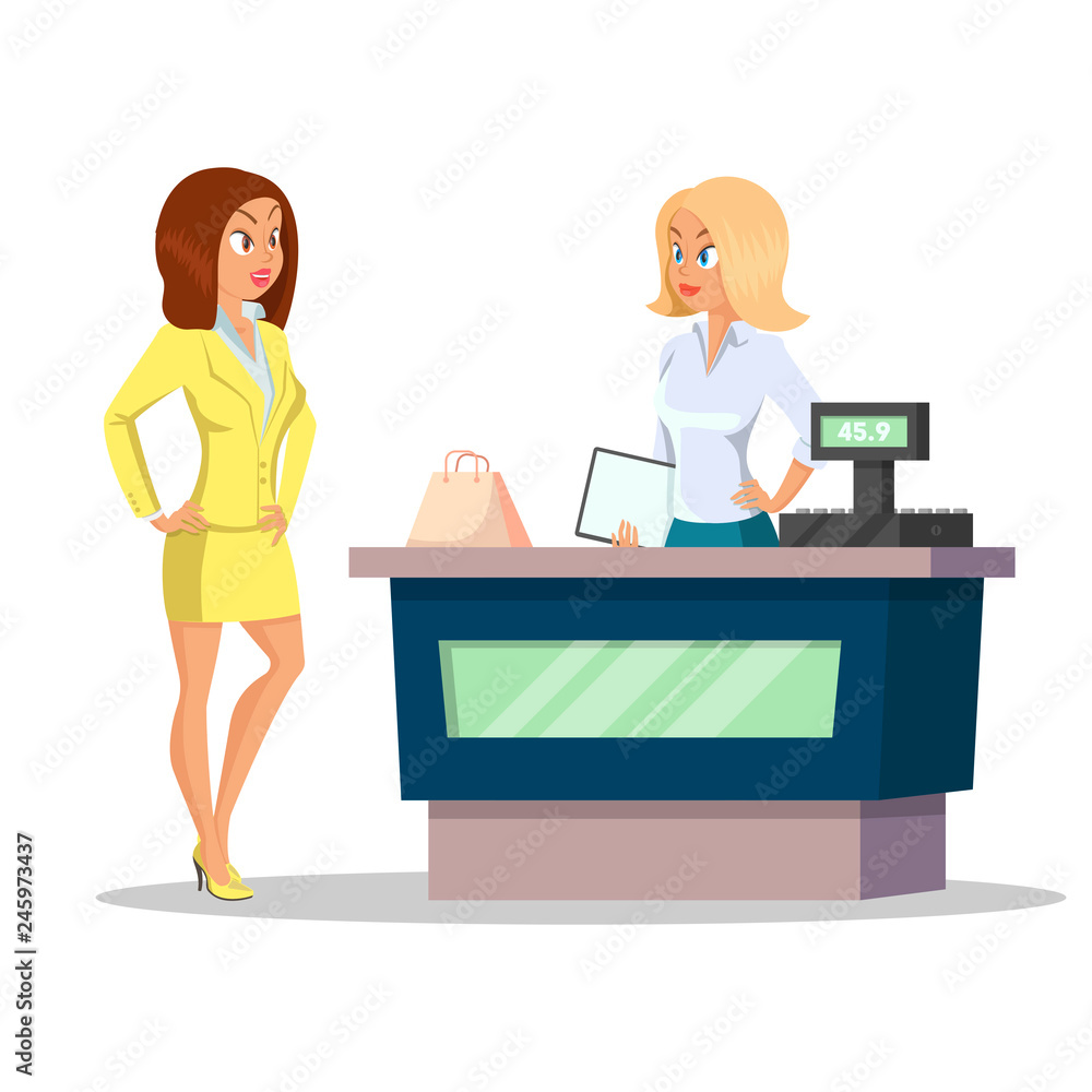 Young attractive girl shopping in a store. Modern girl. Discount concept. Smiling people, great design for any purposes. Happy female cashier. Sale concept on white background. Young attractive girl shopping in a store. Modern girl. Discount concept. Smiling people, great design for any purposes. Happy female cashier. Sale concept on white background.