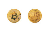 A set of bitcoin coins from the front and back side is isolated on a white background. Cryptocurrency