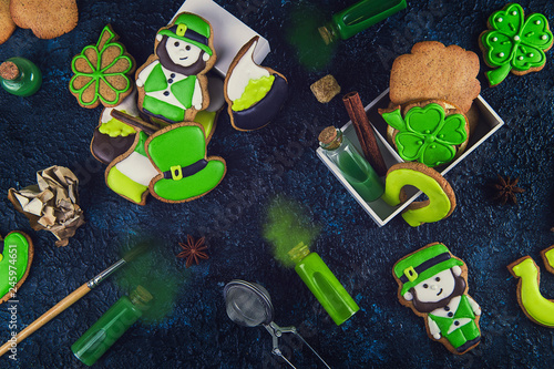 Gingerbread cookies with different cookie shape for St. Patrick's Day photo