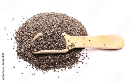 Chia seeds in wooden spoon isolated on white background