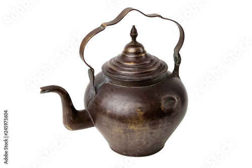 Antique tea kettle isolated on white background.