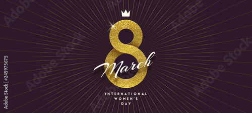 8 March International women s day greeting card - shining glitter gold ribbon in the shape of sign eight. Vector illustration.