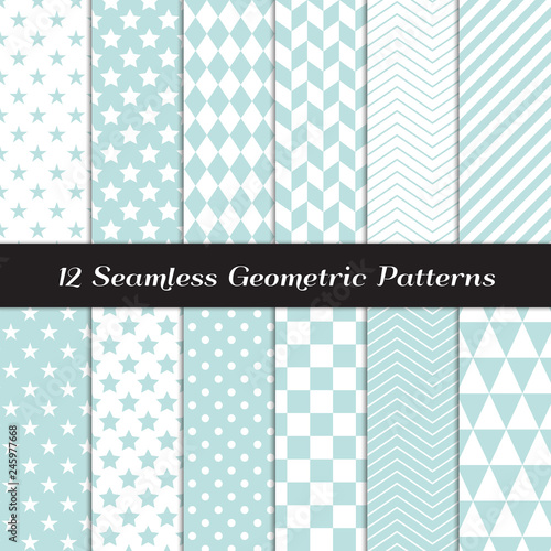 Pastel Aqua Blue and White Geometric Seamless Patterns. Subtle Backgrounds in Diamond, Chevron, Polka Dot, Checkerboard, Stars, Triangles, Herringbone and Stripes. Repeating Pattern Tile Swatches Incl