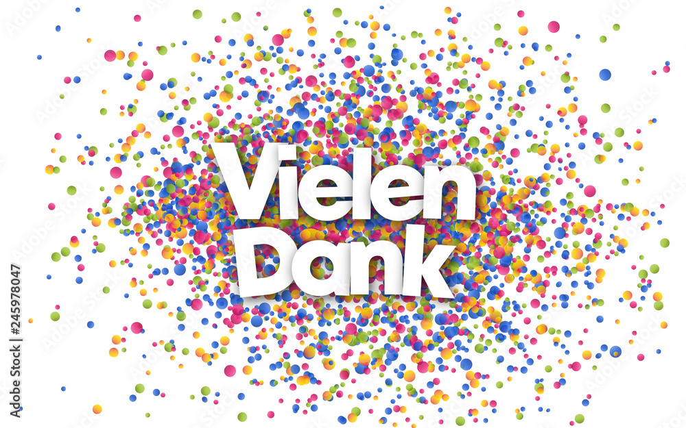 Vielen Dank Und Viele Grüße Vielen Dank auf bunten Konfetti vector de Stock | Adobe Stock