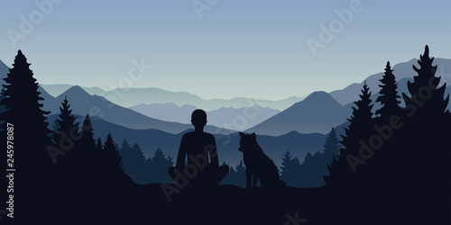 man and his dog are looking into the distance on a mountain landscape vector illustration EPS10