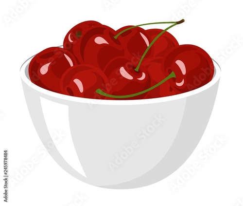 Cherry. Big Pile of fresh red cherries in the White Bowl. Vector illustration on the White Background