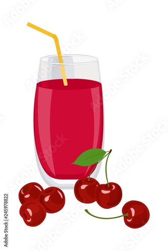 Cherry juice. A glass of cherry juice and cherries. Vector illustration on white background