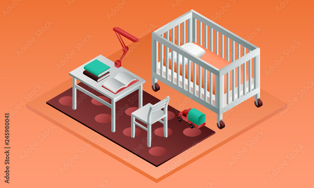 Orange room kid bed banner. Isometric illustration of orange room kid bed vector banner for web design