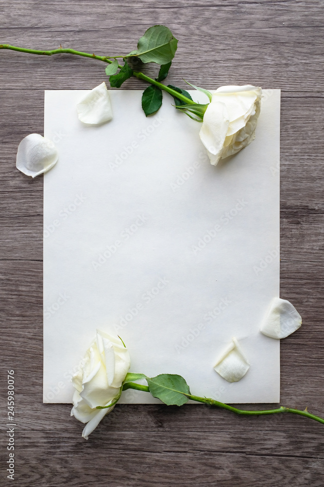 White roses on on wooden plank background with white card space border ...
