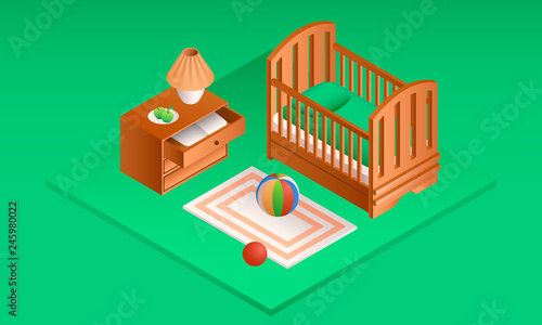 Green room baby crib banner. Isometric illustration of green room baby crib vector banner for web design