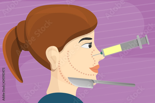 Woman face lifting injection concept banner. Cartoon illustration of woman face lifting injection vector concept banner for web design
