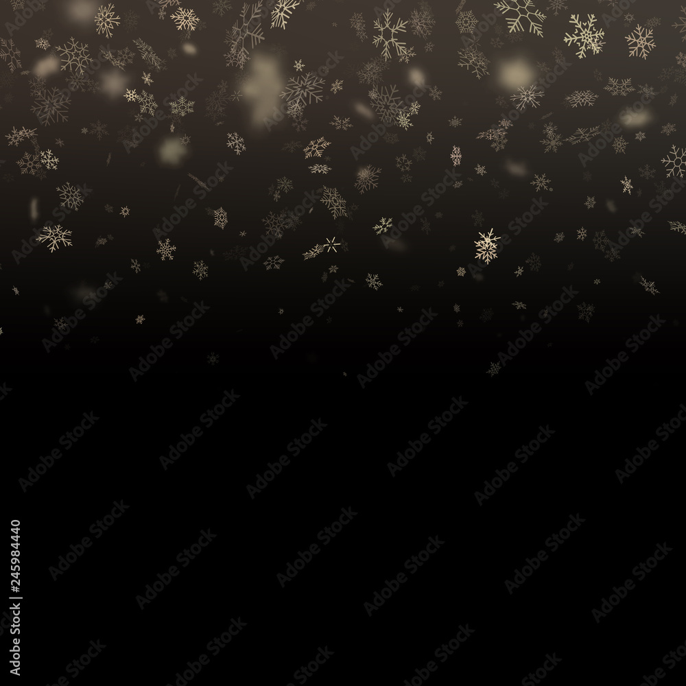 Glitter particles snowflakes overlay effect. Gold glittering star dust sparkling particles on black background. EPS 10