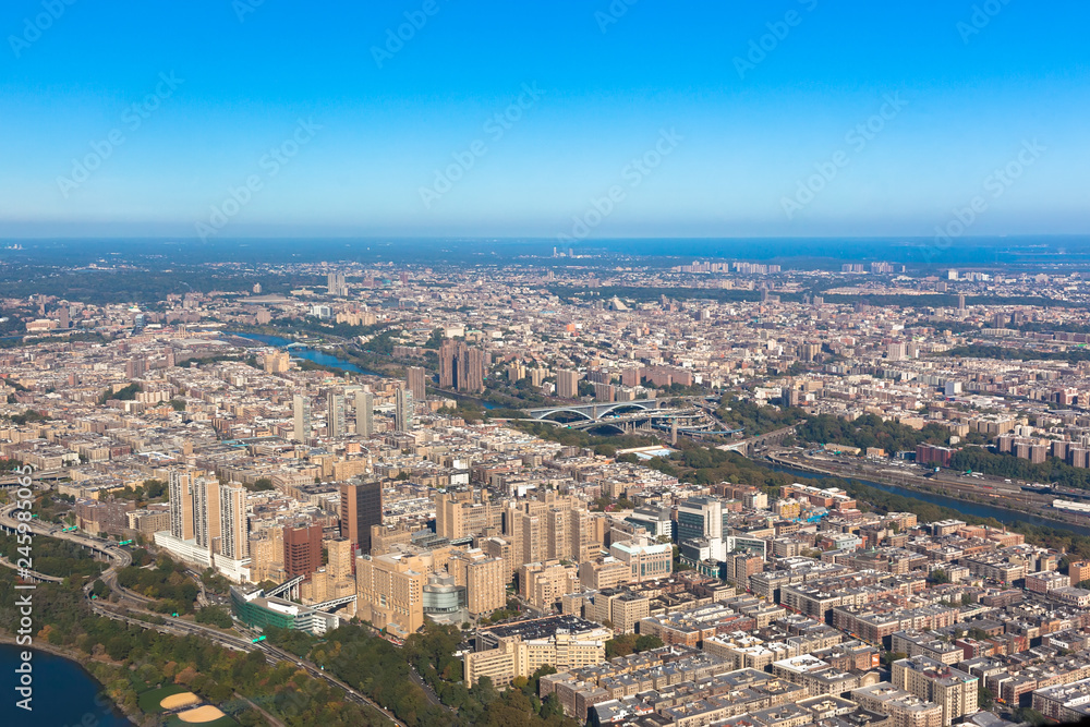 Washington heights in New York in USA. Upper Manhattan. Aerial helicopter view