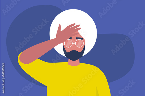 Facepalm gesture. Problem. Trouble. Young indian character with a hand palm on a forehead. Conceptual flat editable vector illustration, clip art