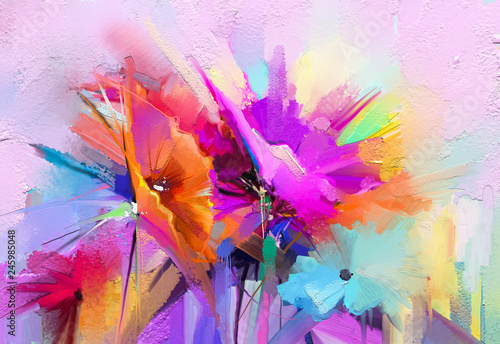 Abstract colorful oil, acrylic painting of spring flower. Hand painted brush stroke on canvas. Illustration oil painting floral for background. Modern art paintings flowers with yellow, red color. © nongkran_ch