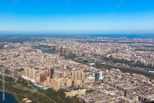 Washington heights in New York in USA. Upper Manhattan. Aerial helicopter view