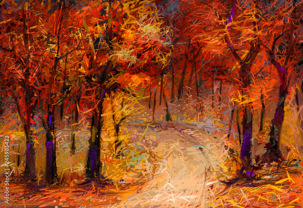Oil painting colorful autumn trees. Semi abstract image of forest, aspen trees with yellow - red leaf and lake. Autumn, Fall season nature background. Hand Painted Impressionist, outdoor landscape Oil painting colorful autumn trees. Semi abstract image of forest, aspen trees with yellow - red leaf and lake. Autumn, Fall season nature background. Hand Painted Impressionist, outdoor landscape