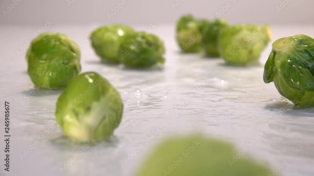 Brussels sprouts falling in water on white table in white background. Slow Motion 240 fps Brussels sprouts falling in water on white table in white background. Slow Motion 240 fps