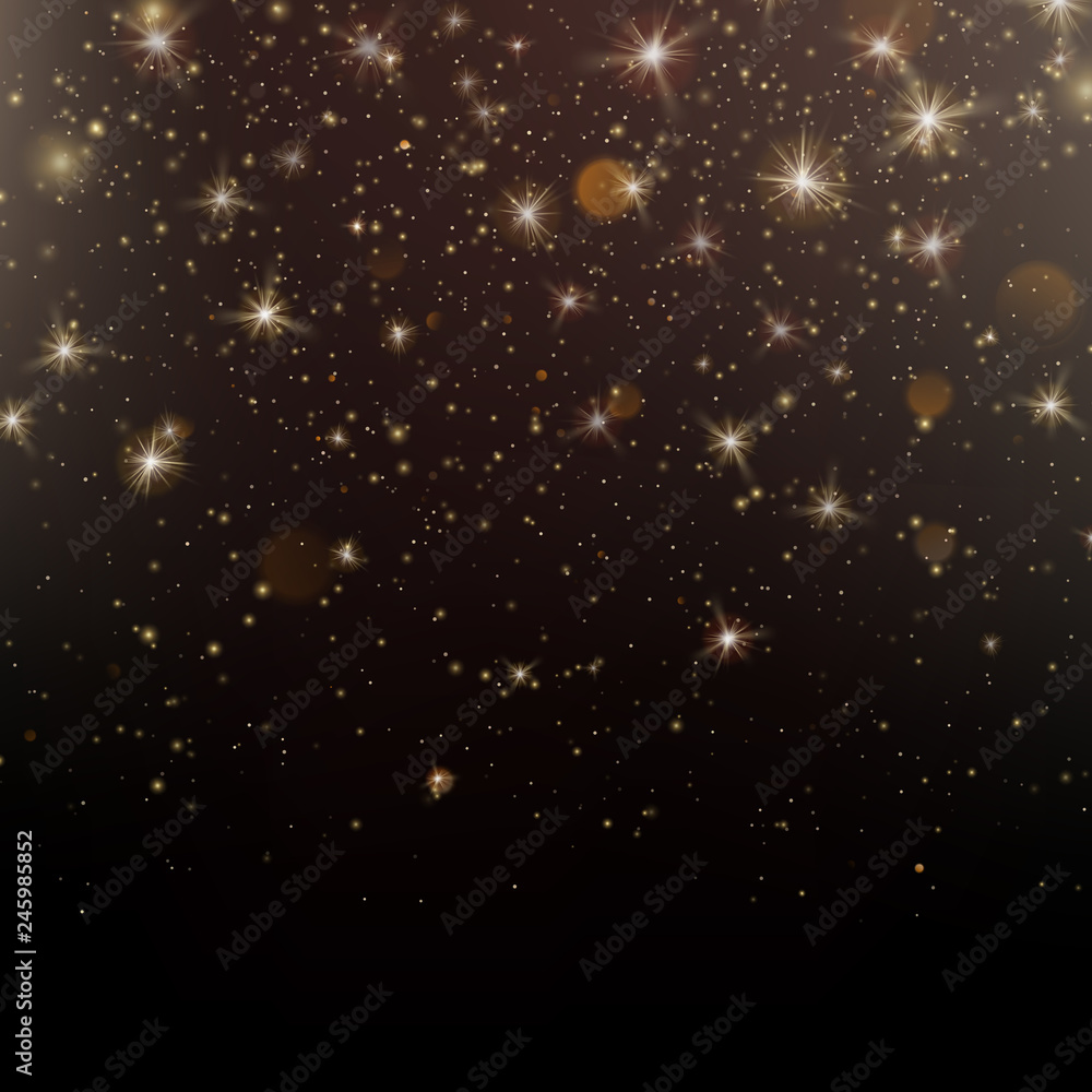 Gold glittering star dust sparkling particles on dark background. EPS 10
