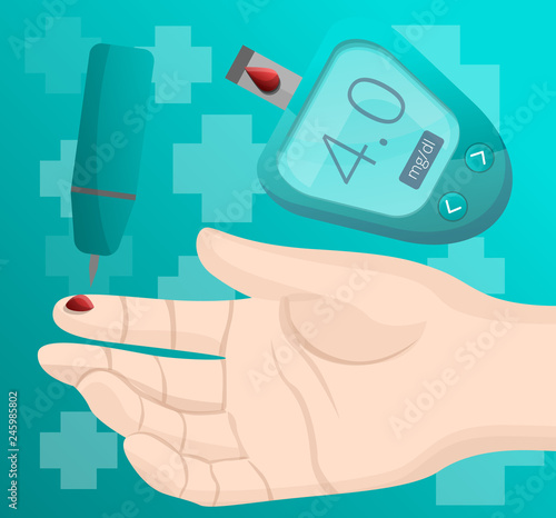 Glucose meter take blood finger concept background. Cartoon illustration of glucose meter take blood finger vector concept background for web design