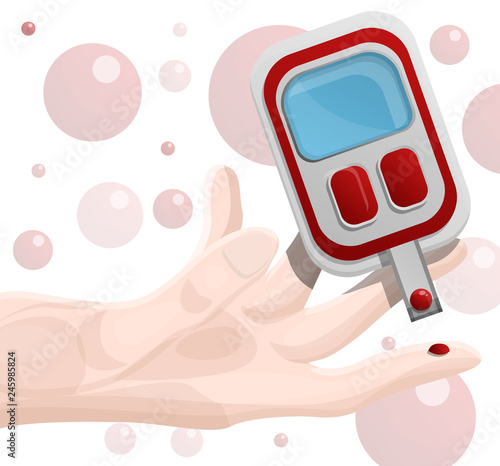 Glucose meter finger blood concept background. Cartoon illustration of glucose meter finger blood vector concept background for web design