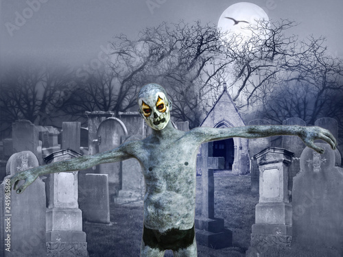 3D Illustration of Halloween Horror Cemetery Scene