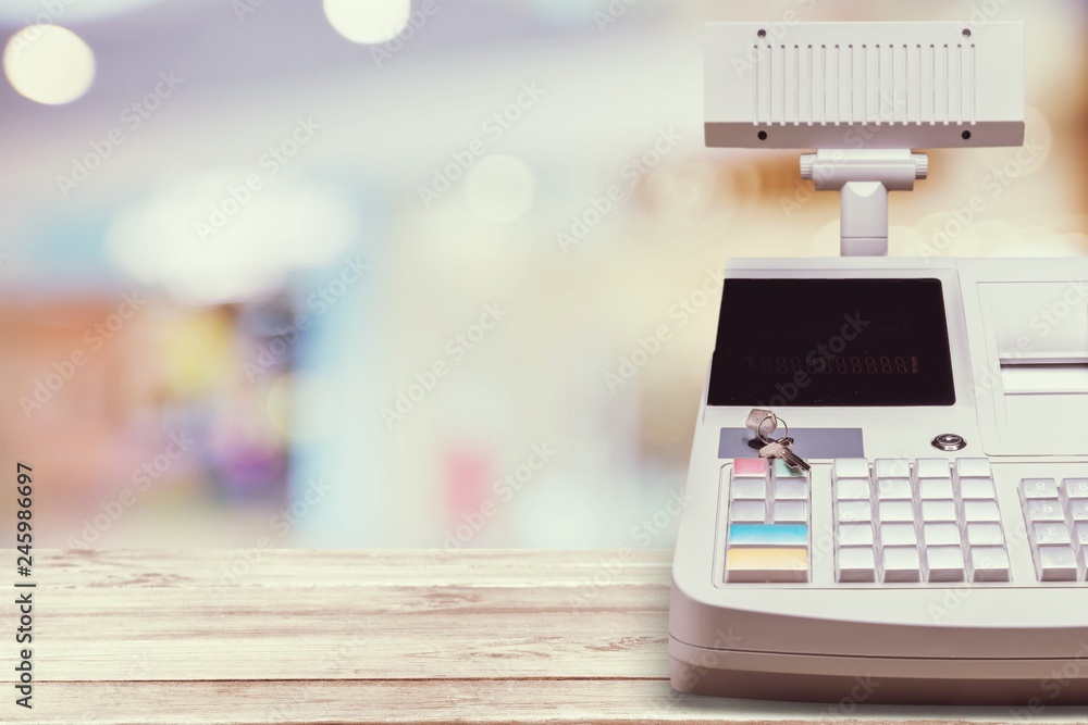 Cash register with LCD display on background - obrazy, fototapety, plakaty 