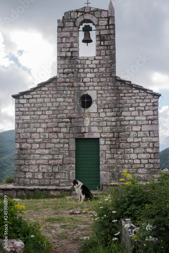 Old abandoned church with a bell in Montenegro and a dog in spring sunny day photo