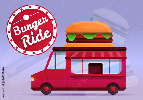 Burger food truck concept banner. Cartoon illustration of burger food truck vector concept banner for web design