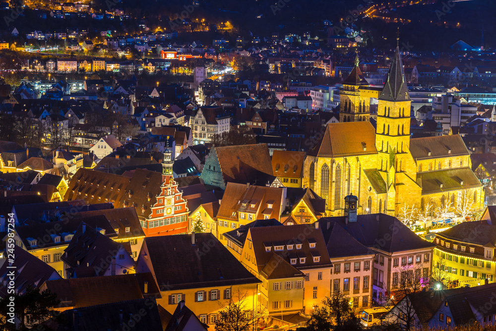 Naklejka premium Germany, Famous church and frame houses of medieval city esslingen am neckar at christmas market time