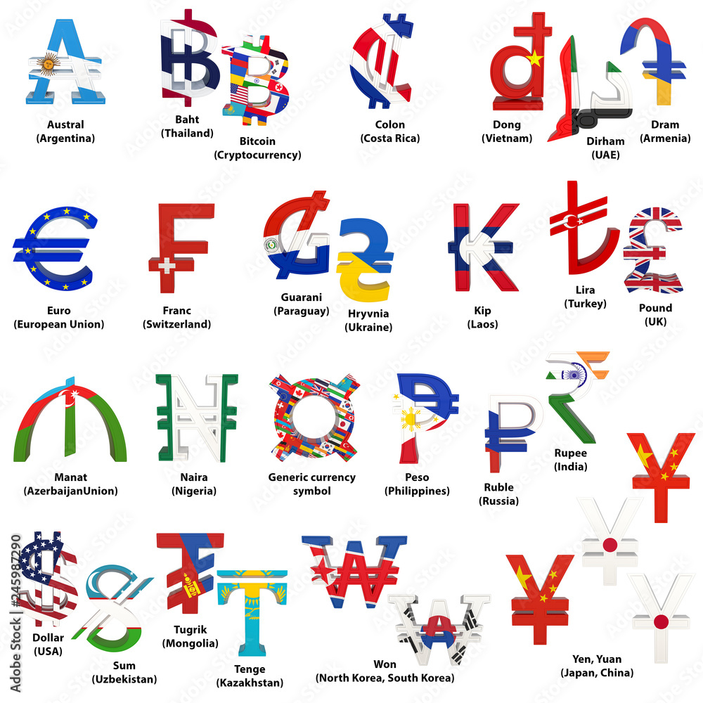 Set of world currency symbols with national flags. Alphabet of currency symbols of different countries. 3D rendering isolated on white.