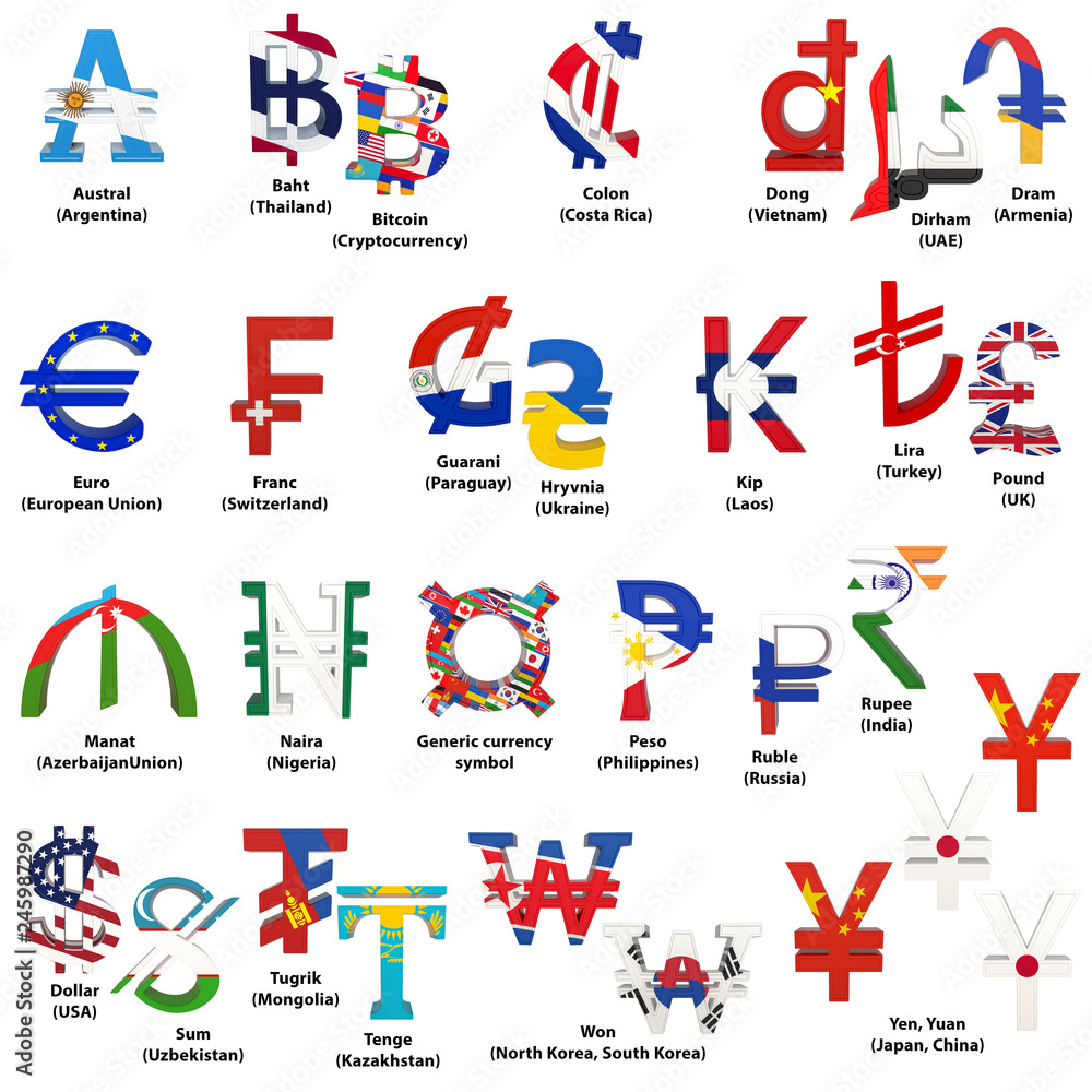 Set Of World Currency Symbols With National Flags Alphabet Of Currency