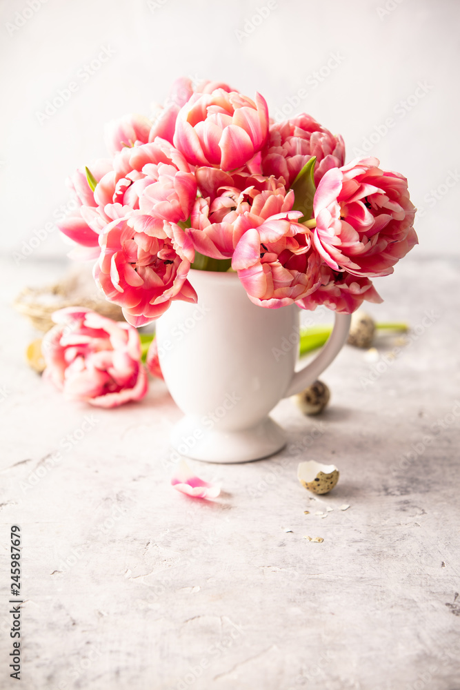 Spring flowers and Easter decorations on shabby chic background Spring flowers and Easter decorations on shabby chic background