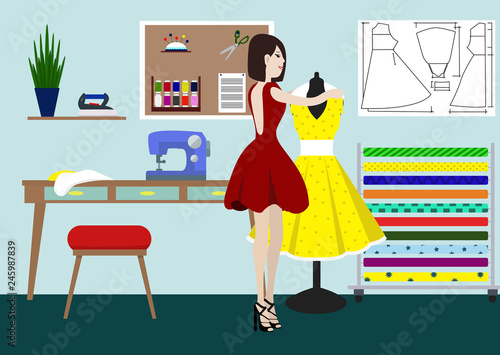 Designer of clothes in studio. A vector illustration of a fashion designer at work. Fashion designer standing near the mannequin. Dressmaker and female mannequin.