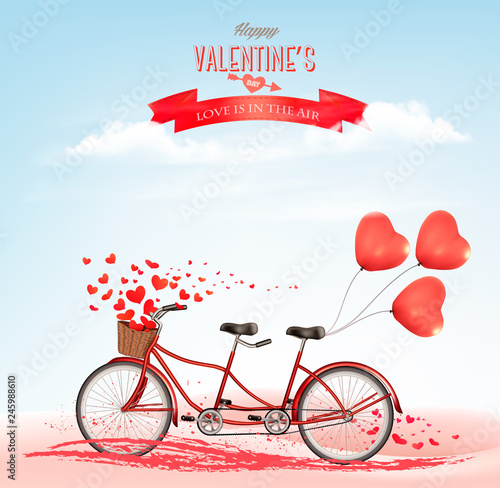 Valentine's Day holiday background with tandem bicycle with heart shape balloons. Concept of love. Vector