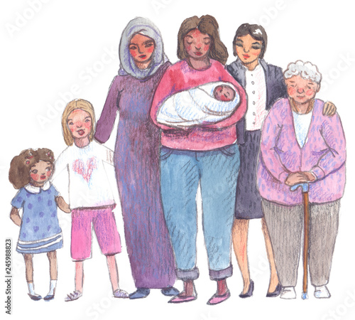 Women of all ages standing together. Illustration painted in watercolor on clean white background