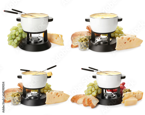 Modern fondue set on white background. Kitchen equipment
