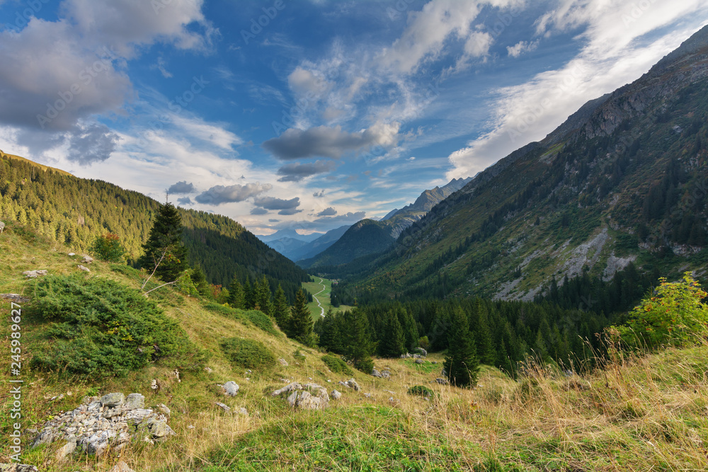 Evening, night and morning camping tents in France with beautiful views of the Alpine Mountains.