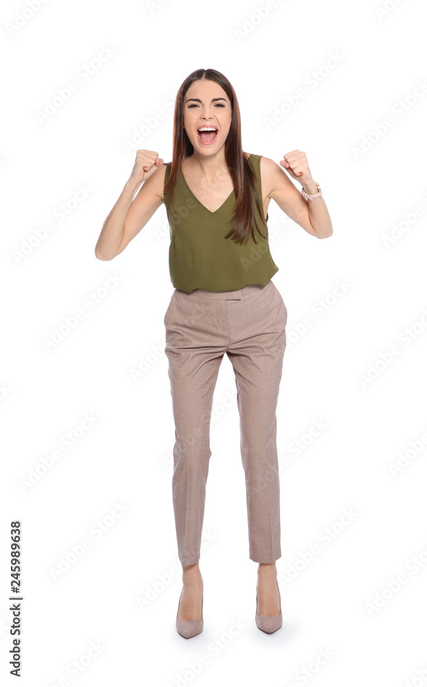 Young woman celebrating victory on white background Young woman celebrating victory on white background