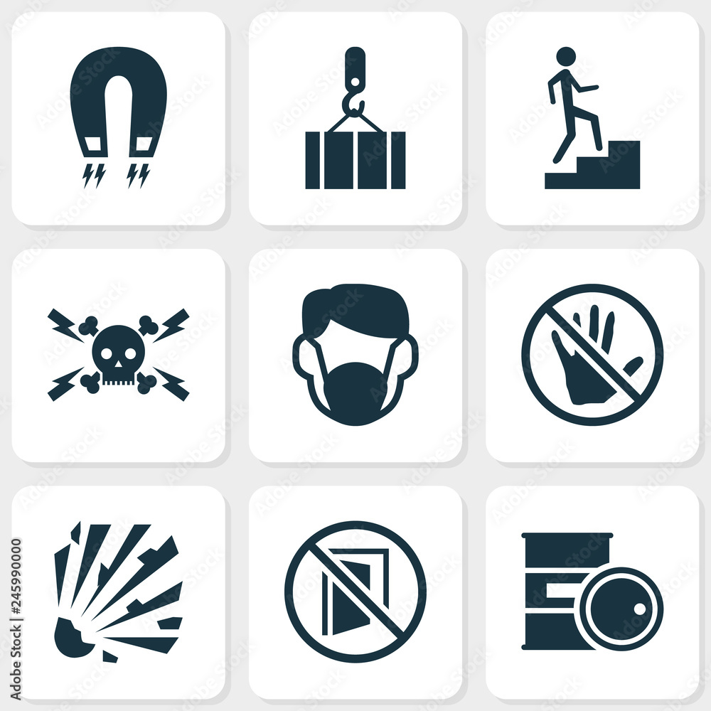 Safety icons set with keep door closed, overhead crane, step up and ...