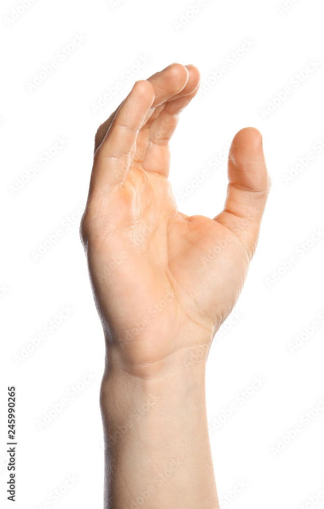 Man showing C letter on white background, closeup. Sign language Man showing C letter on white background, closeup. Sign language