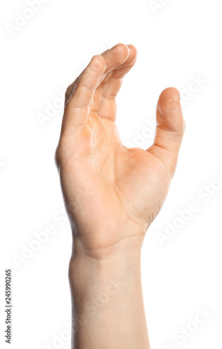 Man showing C letter on white background, closeup. Sign language