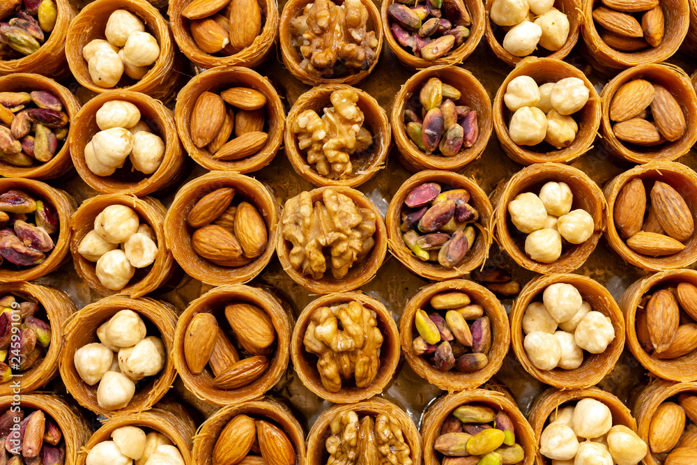 Nightingale nest or bird nest (in Turkish; bulbul yuvasi). Traditional Turkish and Greek dessert. Turkish sweet with different nuts. Nightingale nest or bird nest (in Turkish; bulbul yuvasi). Traditional Turkish and Greek dessert. Turkish sweet with different nuts.