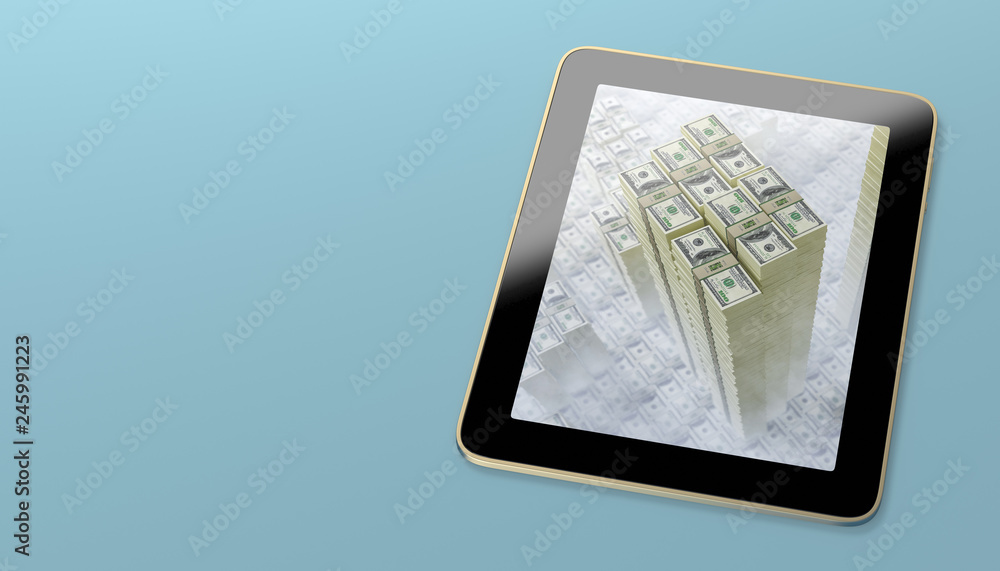 Fototapeta premium Generic Tablet displaying a Skyscraper of dollar banknotes peaking through the clouds - 3D Rendering 