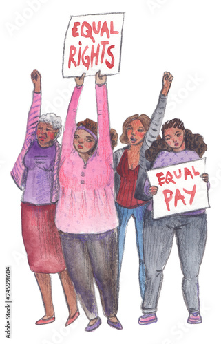 Protesting black women. People demanding equal rights and equal pay. Illustration painted in watercolor on clean white background