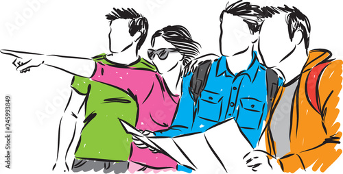 group of friends tourists travel illustration