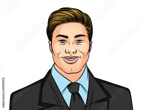 Color vector illustration of a portrait of a man in a business suit on a white background. Successful businessman in a suit with tie. Portrait of a smiling man. Male user avatar